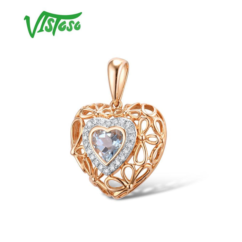 VISTOSO Genuine 14K 585 Rose Gold Sky Blue Topaz Sparkling Diamond Pendant
