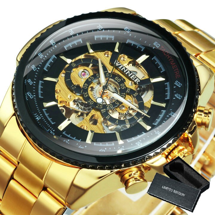 Silver-tone Stainless Steel Skeleton Automatic Watch for Men