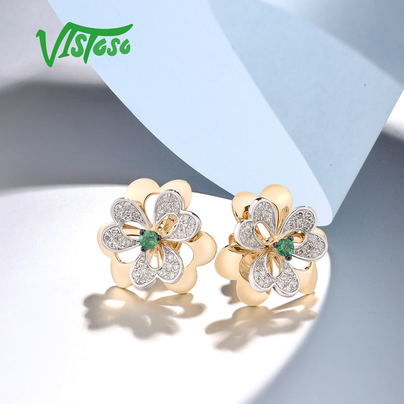 14K Yellow Gold Emerald Diamond Flower Stud Earrings for Women