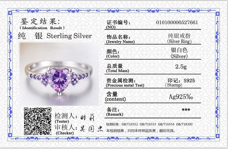 Cute 925 Sterling Silver Purple Amethyst Heart Designed Ring