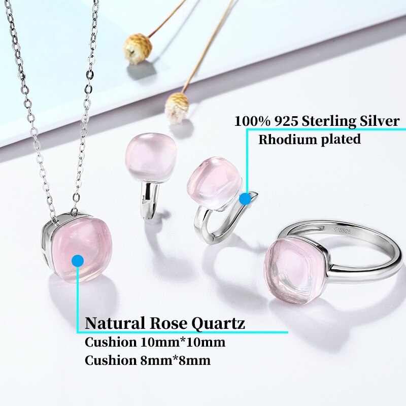 925 Sterling Silver Natural 20.6 Carats Rose Quartz Cabochon Cut Jewelry Set