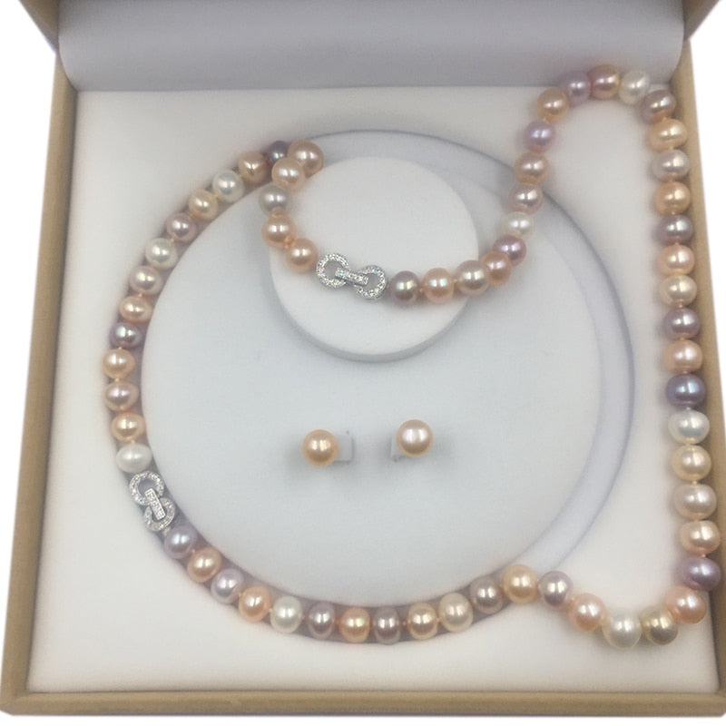 Freshwater Pearl Necklace, Bracelet, and Earring Set for Women