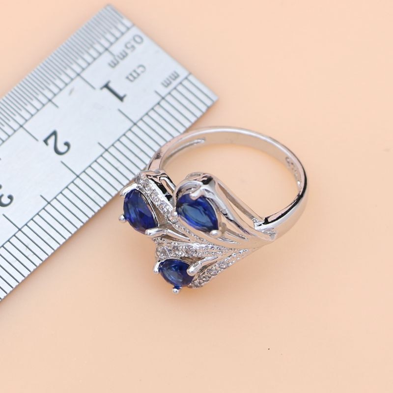 Sterling Silver Blue Sapphire and White Crystal Leaf Jewelry Set for Women