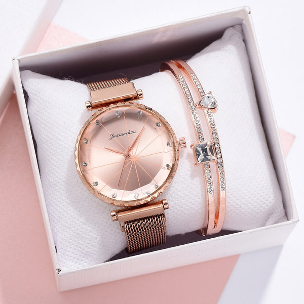2pcs Set Rose Gold Rhinestone Dial Watches For Women with Bracelet