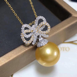 925 Sterling Silver Natural 12-13mm Fresh Water Golden Pearl Pendant Necklace