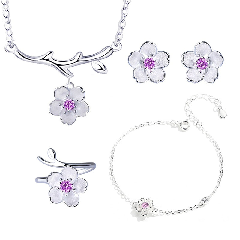 Sterling Silver Cherry Blossom Flower Jewelry Sets for Women