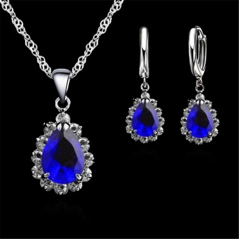 925 Sterling Silver Earrings Necklace Sets Pink/Blue/Gray/Red/Green/Purple Drops Water The Crystal For Women Wedding