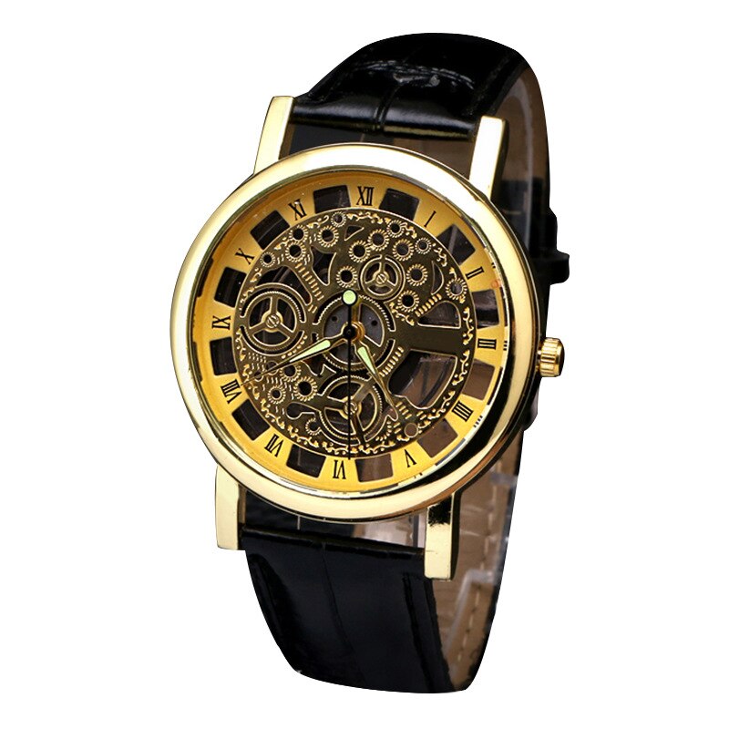 2021 Fashion Mens Gold Watches Business Luxury Hollow Mechanics-shape Leather Band Analog Quartz Wrist Watch Relogio Masculino