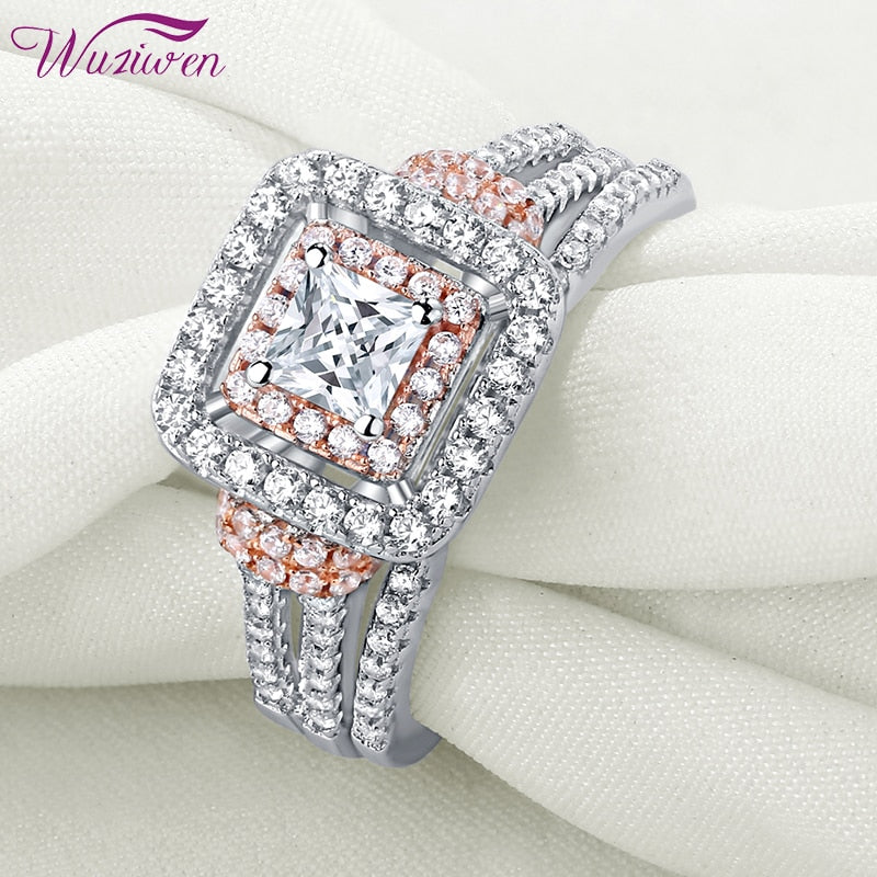 Wuziwen Solid 925 Sterling Silver Halo AAAAA Zircons Rose Gold Color Wedding Engagement Ring Sets For Women Bridal Rings Jewelry