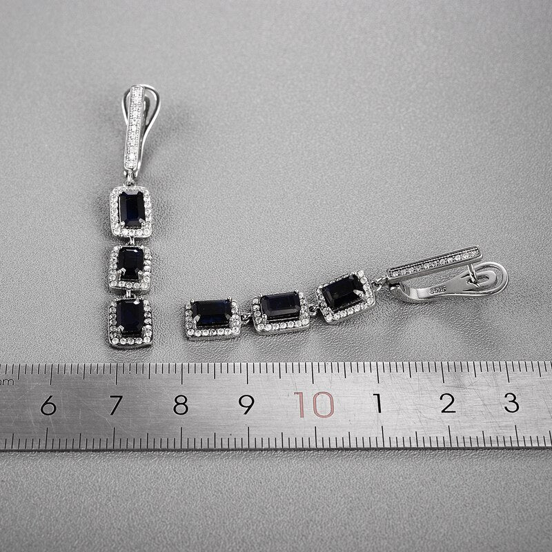 925 Sterling Silver Natural Black Sapphire Emerald-cut Clasp Earrings