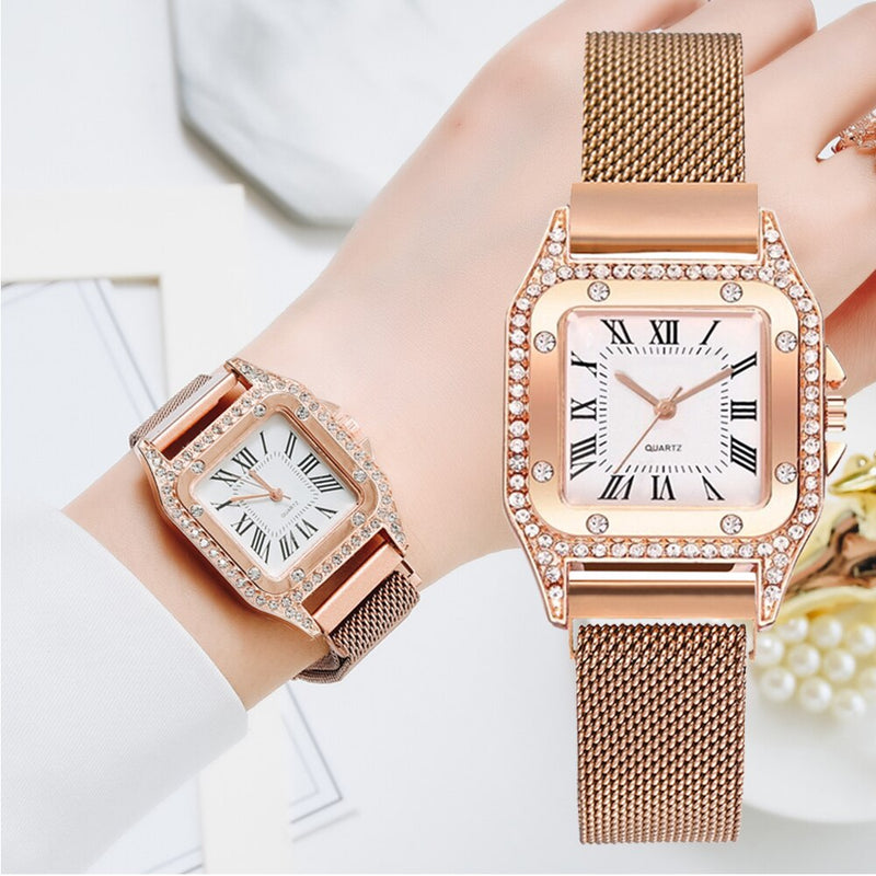 Rose Gold Diamond Square Luxury Watch for Women