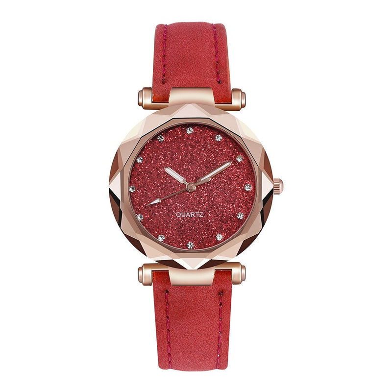 Casual Women Romantic Starry Sky Leather Rhinestone Design Wrist Watch