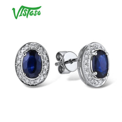 VISTOSO Pure 14K 585 Rose/White Gold Elegant Blue Sapphire Sparkling Diamond Stud Earrings