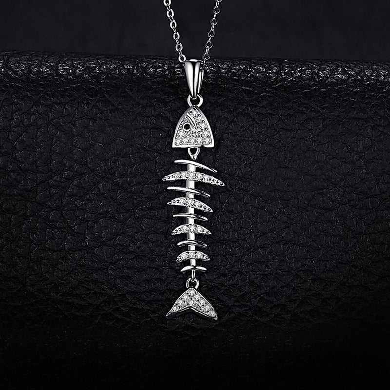 925 Sterling Silver Fishbone Pendant with Cubic Zirconia for Women