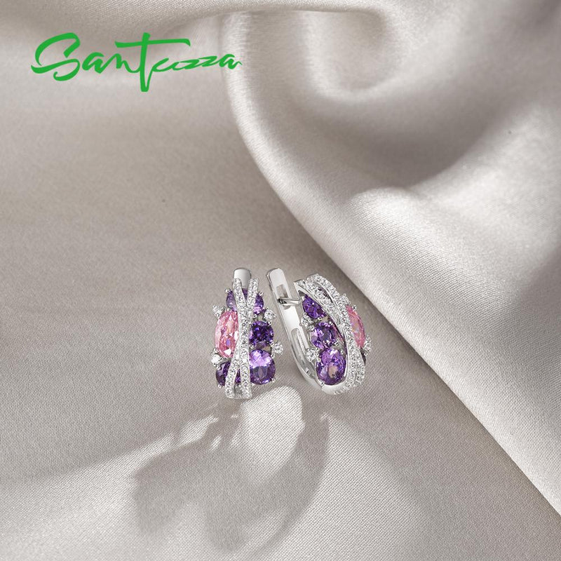 SANTUZZA 925 Silver Sparkling Purple Amethyst Pink Cubic Zirconia Earrings & Ring Jewelry Set