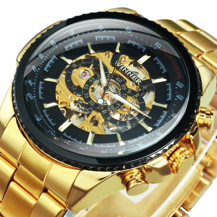 Silver-tone Stainless Steel Skeleton Automatic Watch for Men