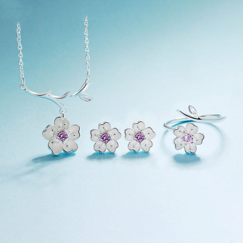 Sterling Silver Cherry Blossom Flower Jewelry Sets for Women