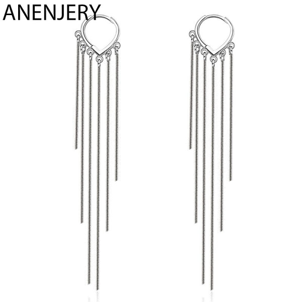 ANENJERY 925 Sterling Silver Long Handmade Chain Tassel Hoop Earrings