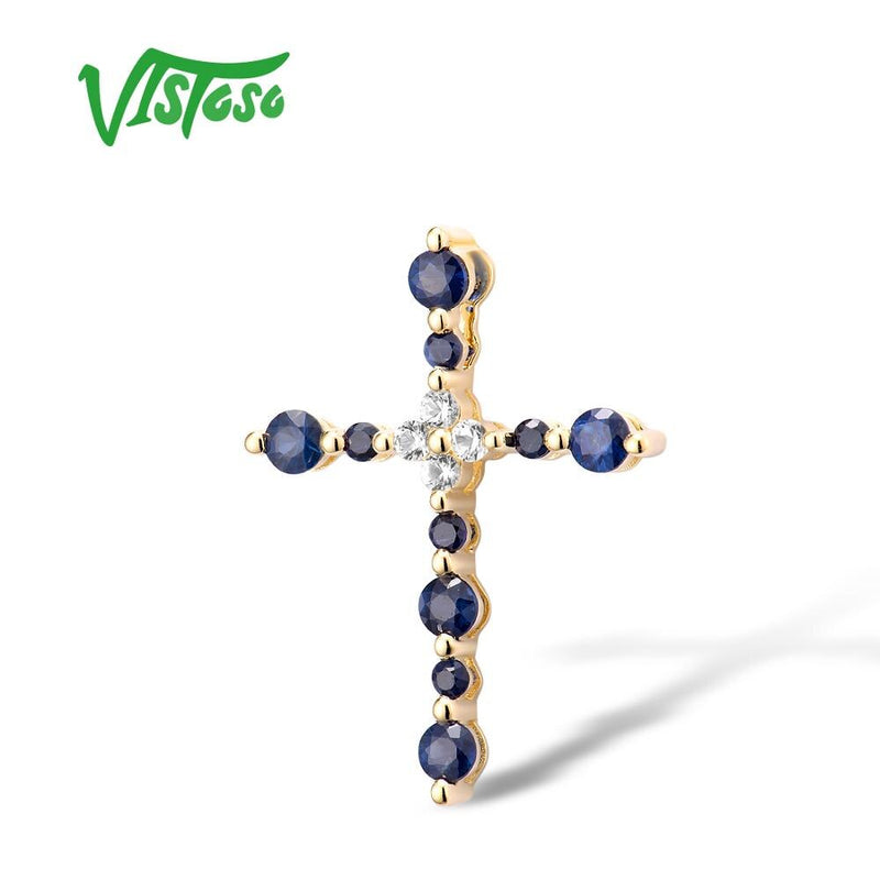 14K Yellow Gold Blue Sapphire White Sapphire Cross Pendant for Women