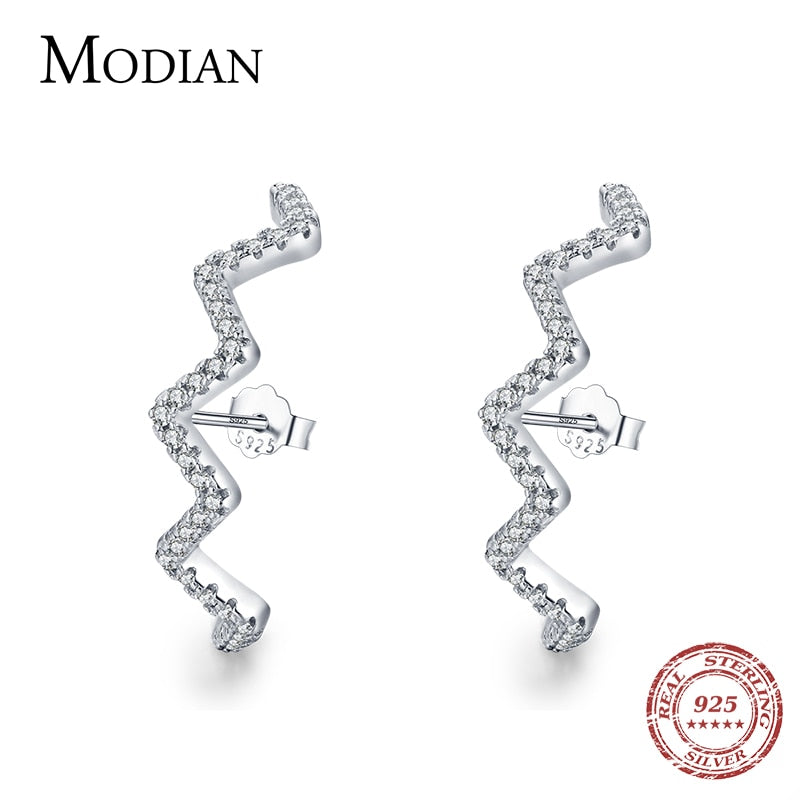 Sterling Silver Wave Ear Studs with Clear CZ For Women