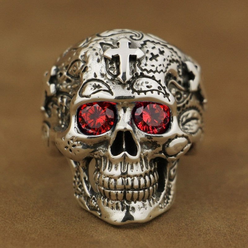 LINSION 925 Sterling Silver Skull with Big Colorful Zircon Eyes Bikers Ring