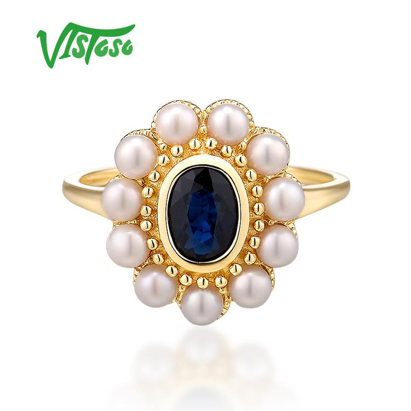 14K Yellow Gold Blue Sapphire and Freshwater Pearl Ring for Women