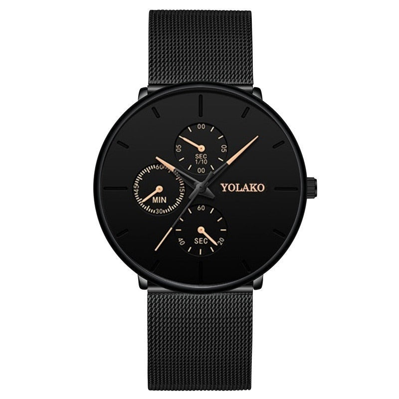Fashion Mens Business Black Stainless Steel Ultra Thin Mesh Belt Quartz Men Wrist Watch