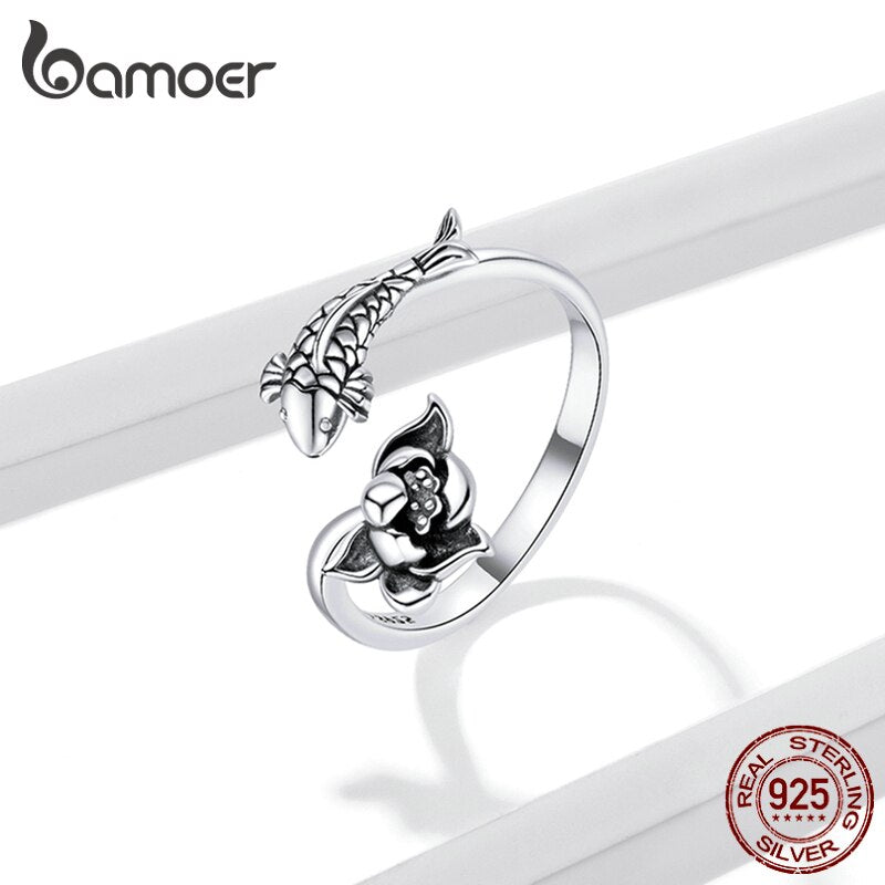 925 Sterling Silver Lotus Koi Fish Ring for Women