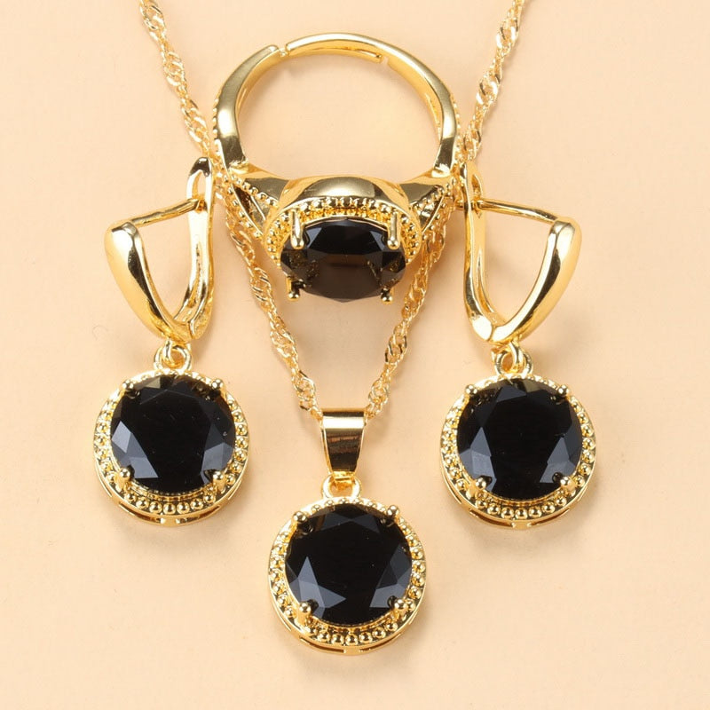 2020 New 925 Silver Wedding Jewelry Sets Black Zircon Dangle Earrings and Necklace Ring 3 piece Set women Trendy Costume