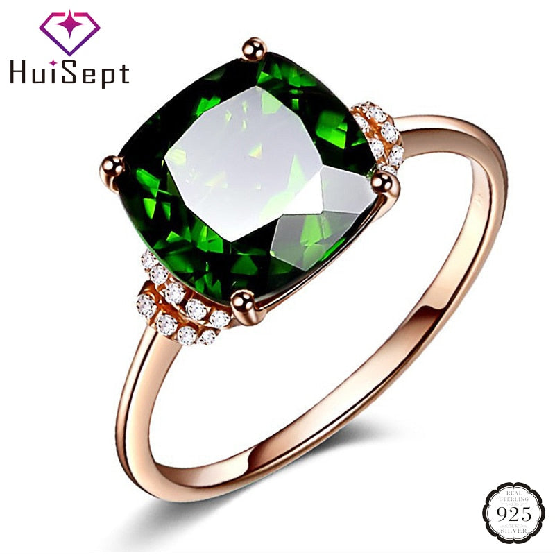 HuiSept Classic Rings 925 Silver Jewelry Square Shaped 8*8mm Emerald Gemstone Zircon Rings for Female Wedding Engagement Party G