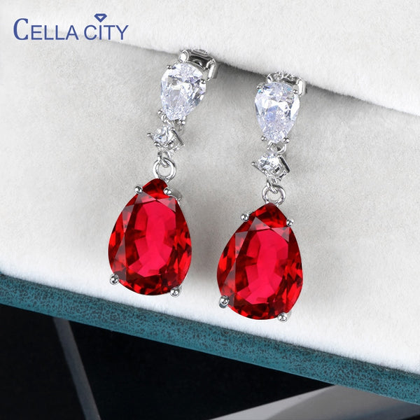 Sterling Silver Ruby Color Gemstone Drop Earrings for Women