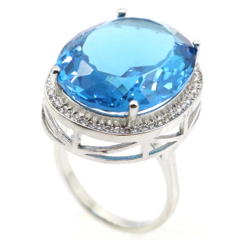 25x21mm Delicate Fine Cut Dazzling Created Lonon Blue Topaz CZ For Women Bride Fine Jewelry Silver Rings Wholesale