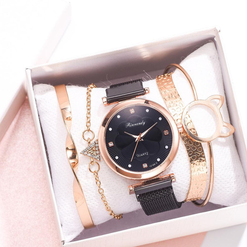 Stainless Steel Rhinestone Flower Watch Set for Women