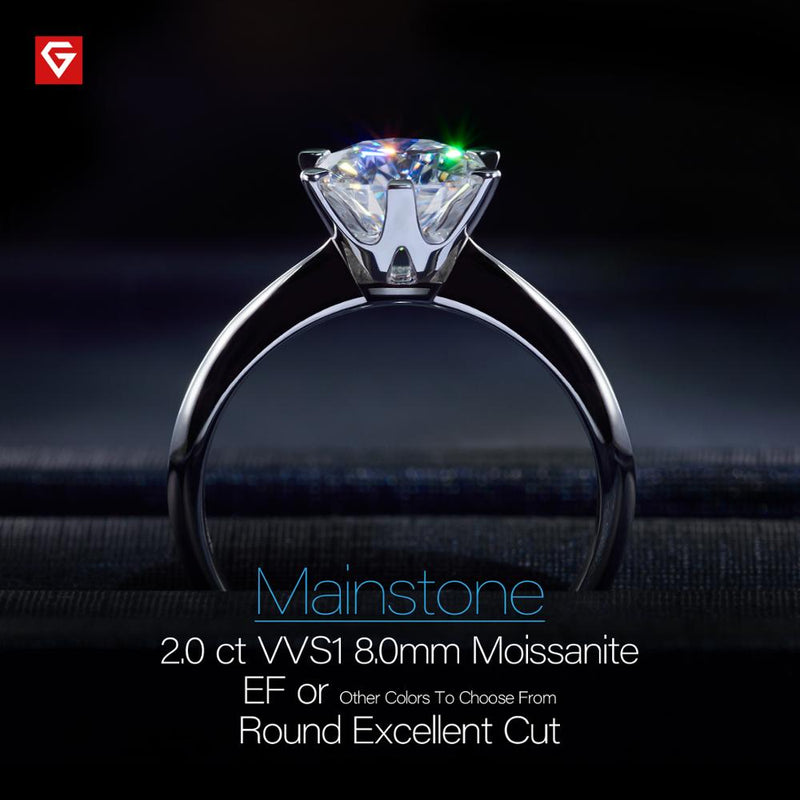 GIGAJEWE 18K White Gold Plated 925 Silver Ring with 2.0ct Round White EF/Green/Cyan/Champagne/Golden Moissanite