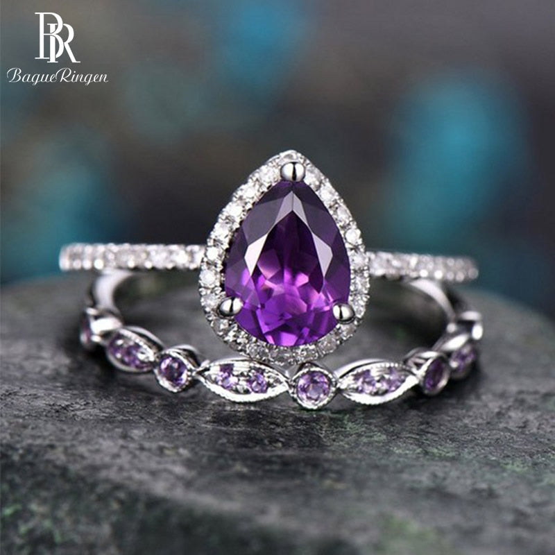 Bague Ringen 925 Sterling Silver Water Drop Shaped Amethyst Two Pieces Rings