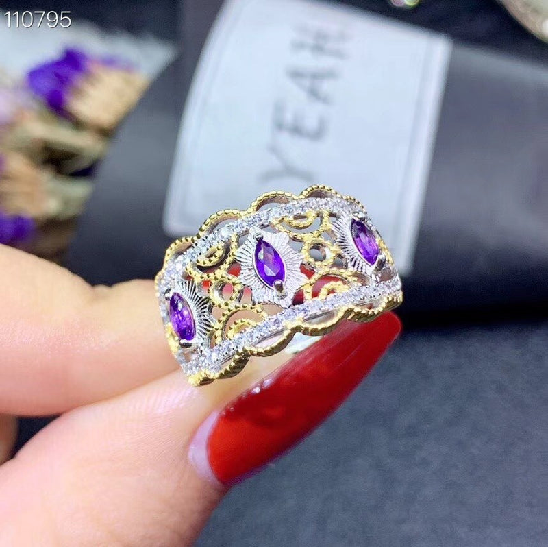 925 Sterling Silver Plated Gold Natural Amethyst Ring