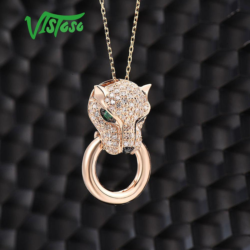 14K Rose Gold Emerald Leopard Diamond Pendant for Women