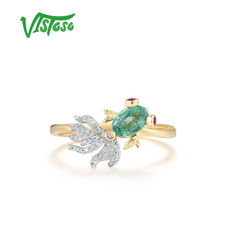 14K Gold Natural Emerald Ruby Diamond Fish Ring For Woman