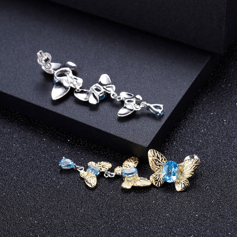 GEMS BALLET 925 Sterling Silver Natural Blue Topaz Butterfly Floral Ring Earrings & Pendant Jewelry Set