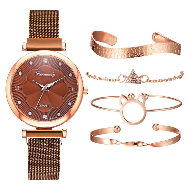 Stainless Steel Rhinestone Flower Watch Set for Women