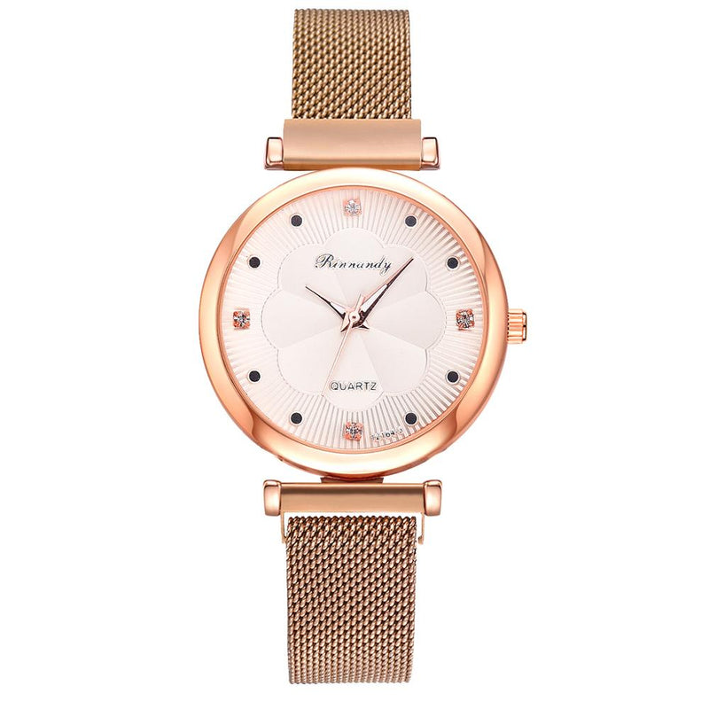 Stainless Steel Rhinestone Flower Watch Set for Women