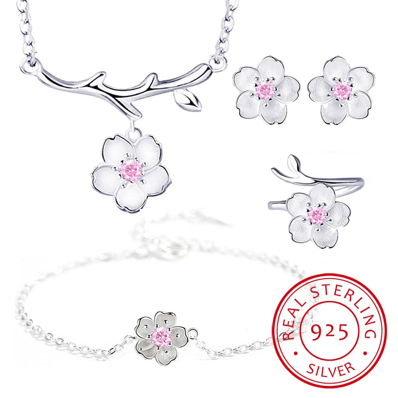 Sterling Silver Cherry Blossom Flower Jewelry Sets for Women