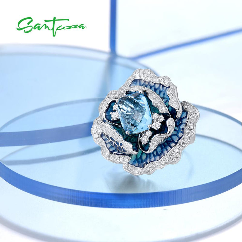 Sterling Silver Blue Flower Enamel Ring for Women