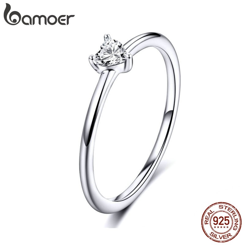 BAMOER Simple 925 Sterling Silver Heart Clear CZ Ring