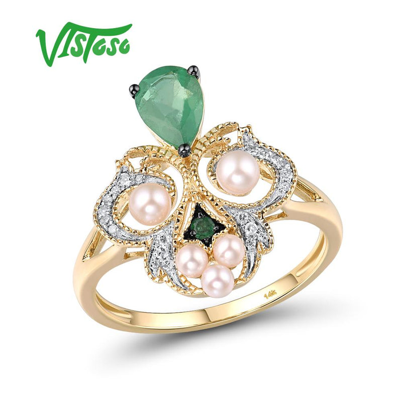 14K Yellow Gold Emerald Fresh Water Pearl Diamond Ring for Women