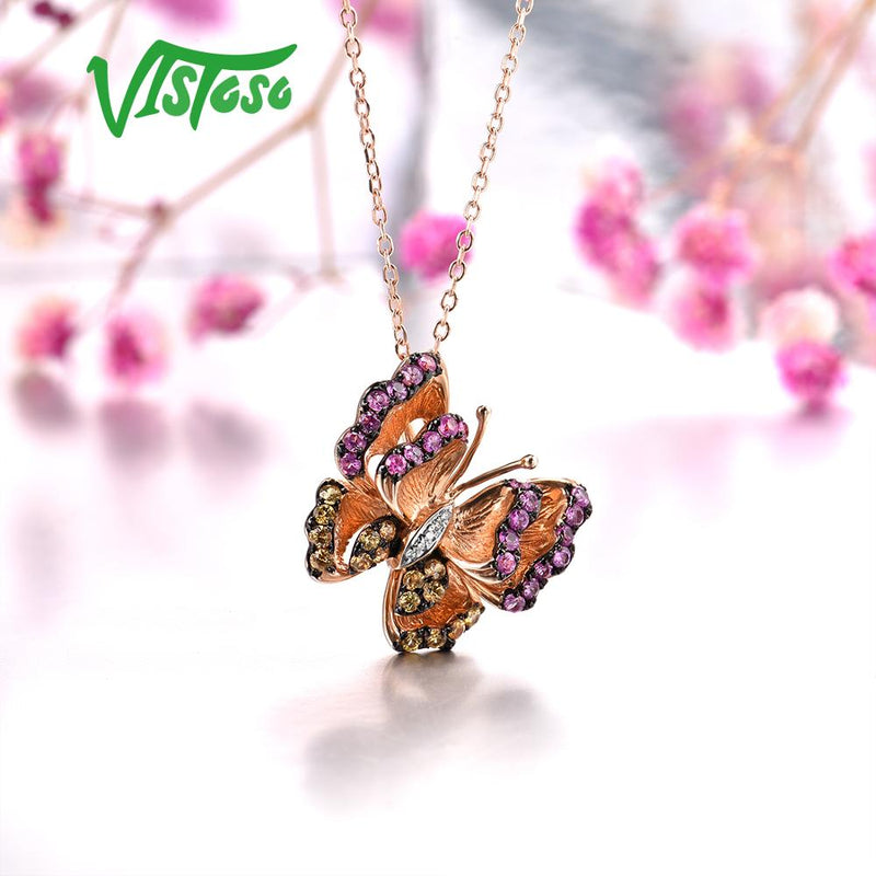 VISTOSO Genuine 14K 585 Rose Gold Sparkling Diamond Color Sapphire Delicate Necklace Pendant