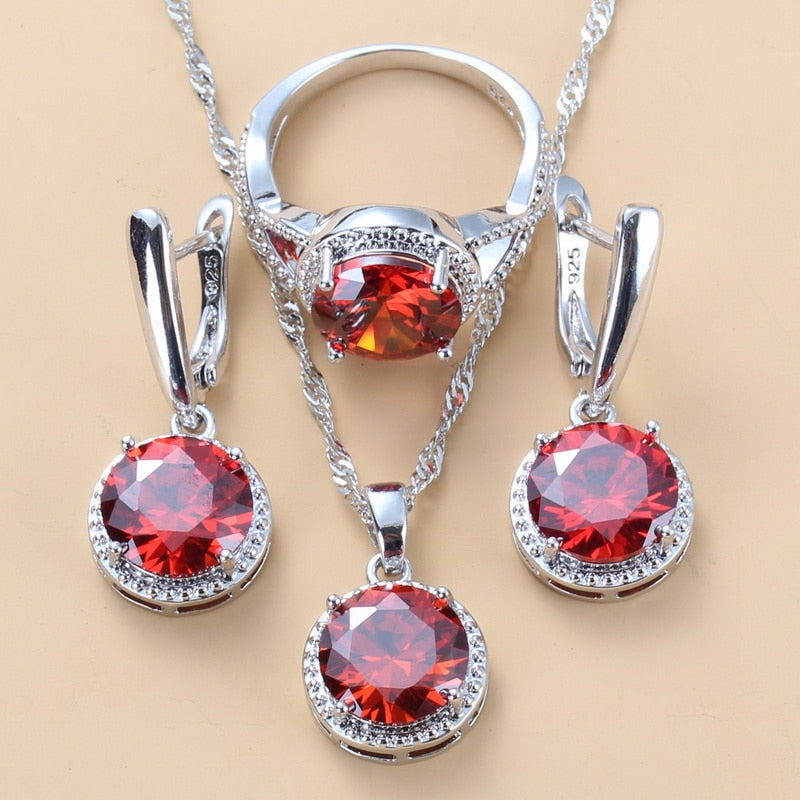 Bridal Accessories 925 Silver Jewelry Sets Round Red Garnet CZ Dangle Earrings Necklace Ring For Women Gift