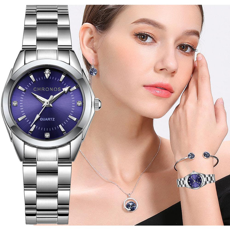 CHRONOS Women Stainless Steel Rhinestone Silver Bracelet Quartz Waterproof Watch