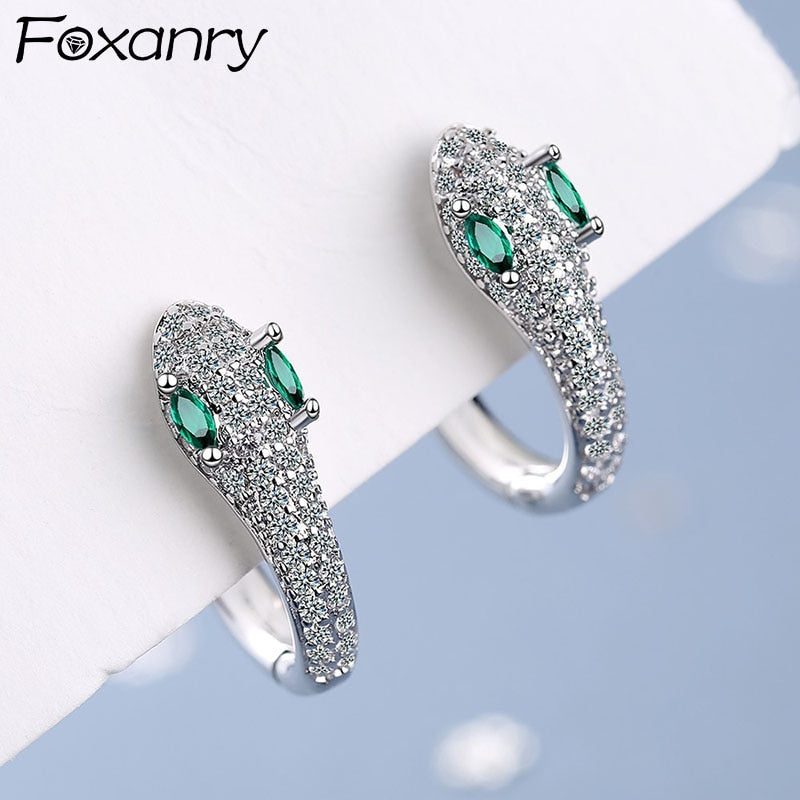 FOXANRY Prevent Allergy 925 Sterling Silver Stud Earrings for Women Trendy Elegant Sparkling Zircon Little Snake Bride Jewelry