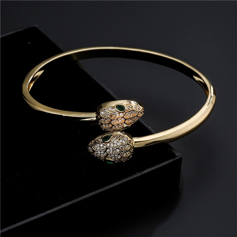 2021 Fashion Gold Color Copper Cubic Zircon Opening Cuff Adjustable Snake Bangle Jewelry For Women Girls Best Birthday Gift